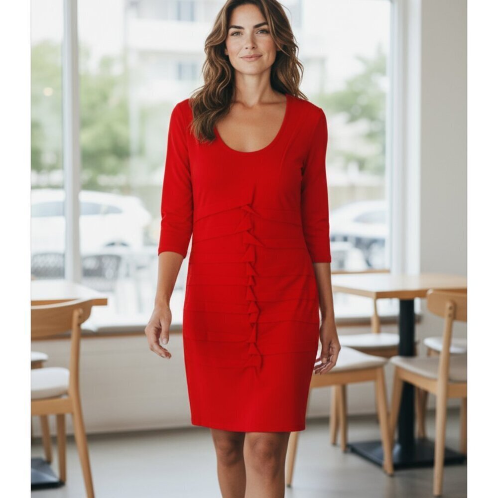 Nicole Miller Artelier Red Rayon Jersey Pleated Sheath Dress Size Large